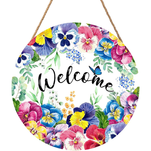 Välkommen Vår & Sommar Blomsterkrans Skylt för Dörr Dekoration Lanthus Vår Trä Dörrhängare Rustik Trä