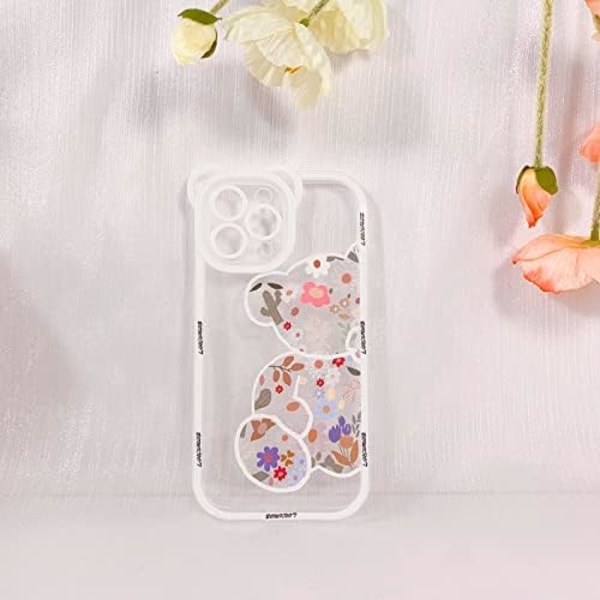 Kompatibel för iPhone 15 Pro Max Skal Transparent Söt Blomma Blommig Björnunge för Flickor Kvinnor Mönster med Kedja Snodd Handled