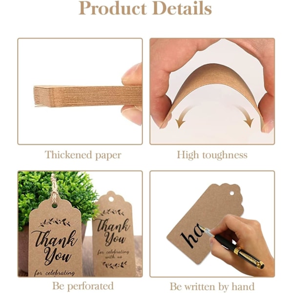 (3 x 5 cm) Pakke med 100 Kraftpapiretiketter - Hengende etiketter med 20 meter naturlig jutetau for gaver, bryllup, Valentinsdag