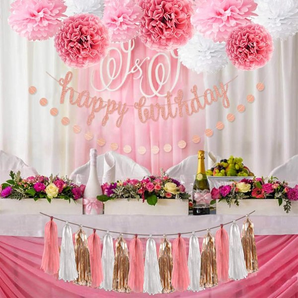 Rosa Roséguld Födelsedagsfest Dekorationer Set, Roséguld Glitter Grattis på Födelsedagen Banner, Silkespapper, Cirkelprickar Girlang och Tofs Girlang för Födelsedag