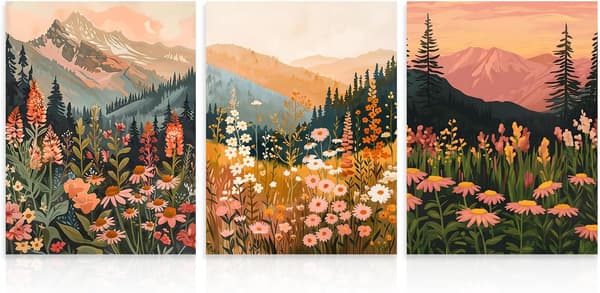 Set med 3 väggkonst i boho-stil föreställande blommande berg, 30x40 cm (Ram ingår ej)