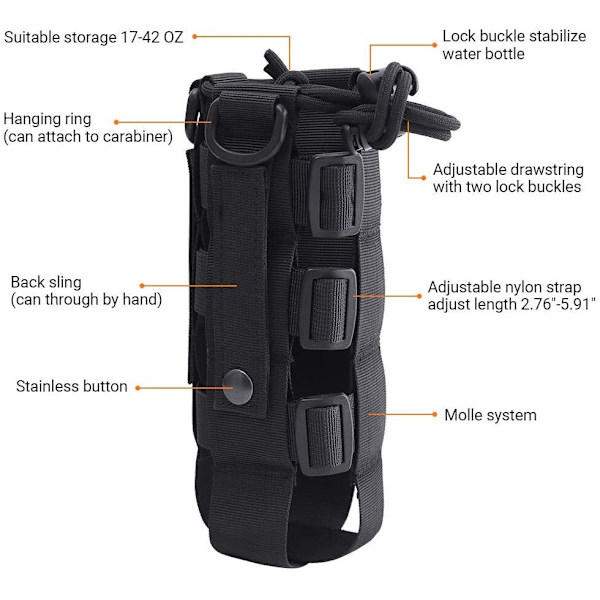 (Sort) Blød Nylon Flaskeholder Justerbar Militær Taktisk Vandflaske Taske Diameter 7-15cm Porta