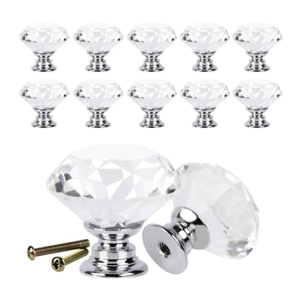 [12 stykker] Krystallknott diamanttrekk, dørskuff klart diamanthåndtak med skruer, enkelt rund H