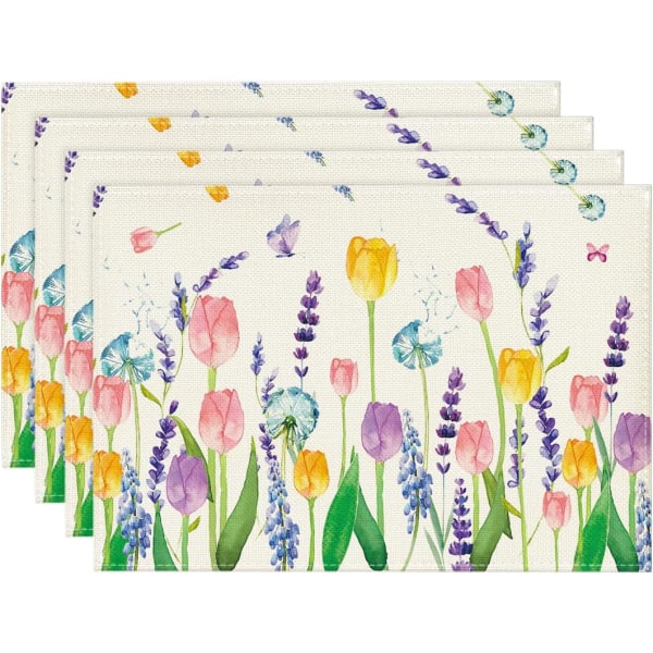 Spring dækkeservietter Sæt med 4, Lavendel Tulipan, Holiday Decor, Washabl