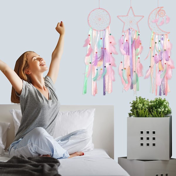3 stk. Drømmesnapper Måne Sol Stjerne Design Håndlavet Traditionelt Design Håndværk Ornament Væghængende Hjem Dekoration Seng