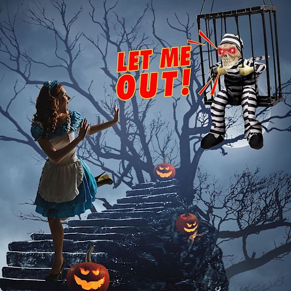 Halloween Dekoration Spökhus Rekvisita Fängelse Hängande Spöke Ljud Lysande Hängande Spöke Bur Han