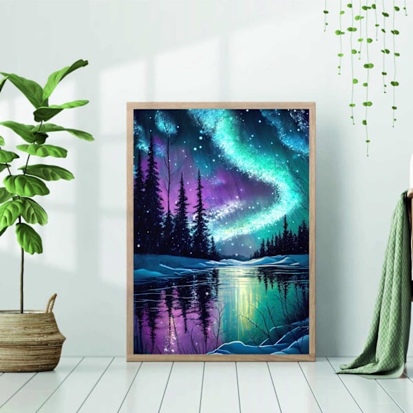 2 stk Aurora Landskap Diamant Kunstsett for Voksne, DIY 5D Diamantmalingsett for Nybegynnere, Runde Full Drill Diamant D
