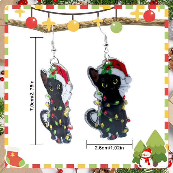 7×2,6×0,3cm Juleøreringe, Juletilbehør til Kvinder - Julehængende Øreringe - Jingle Bell/Sort Kat/Julemand