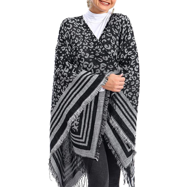 Dame Varm Sjal Wrap Åpen Front Poncho Cape Fargeblokk Sjal