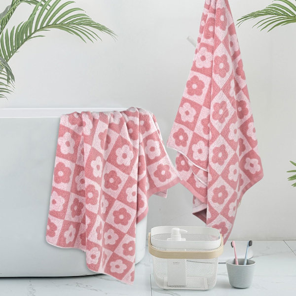 2-pack Lyxiga Badhanddukar, Rutiga Blommönster, Rosa Badhanddukar för Kvinnor och Flickor, 70*140cm, 100% Bomull, Absorberande