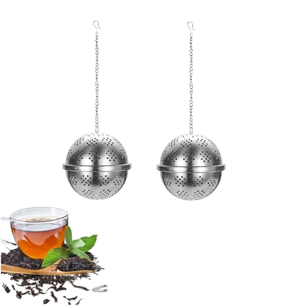 2 stk. teinfuser 5,5 cm, teinfuser i rustfrit stål med kæde og drypbakke, tesilbold,