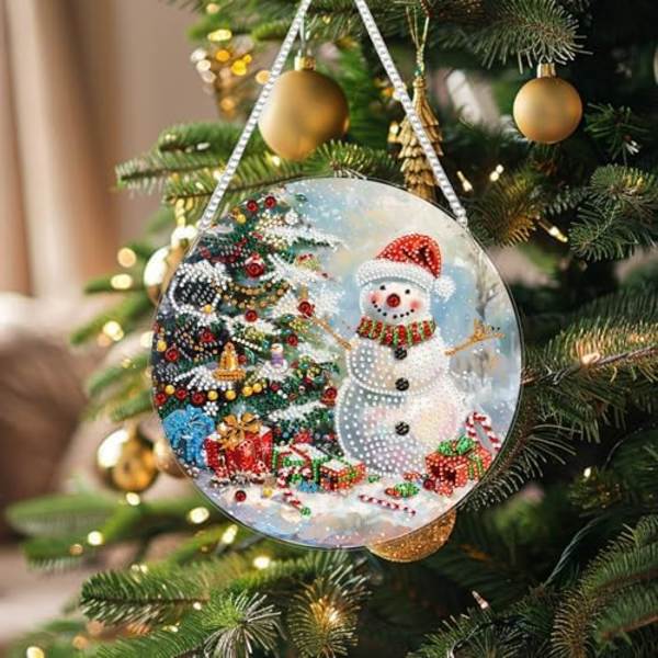 DIY Hängande Diamantkonst-Hänge Kit Snögubbe, Special Crystal Juldiamantmålning Ornament Kit för Vuxna, 9.8x9.