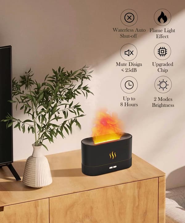 Flame Luftfukter med Diffuser, Oppgradert Duftdiffuser for Eteriske Oljer, Ultralyd Aromaterapi, Fire Mist Luftfukter med 2