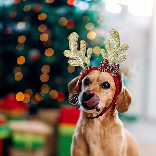 1 stk Julebue Hårbånd til Hunde Rød og Guld Hjortehorn Snefnug Julehat Kostume Klæd Op Tilbehør til