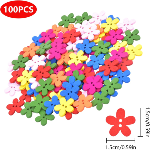 (15 mm) 100 st träknappar, färgglada blomformade knappar, sybehörsknappar för barn, DIY B