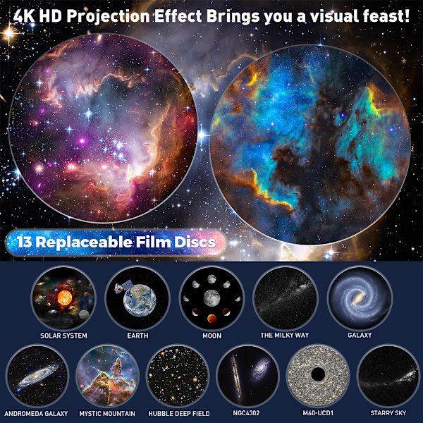 LED Planetarium Galaxy Stjerneprojektor med 13 utskiftbare disker, nattlyslampe med Temptat