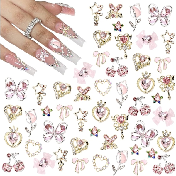 24 st Nagelberlocker Y2k Legering Nagelkonst Strassberlocker 3D Hjärta Stjärna Rosett med Strass Körsbär Nagelstenar Glänsande Smycken
