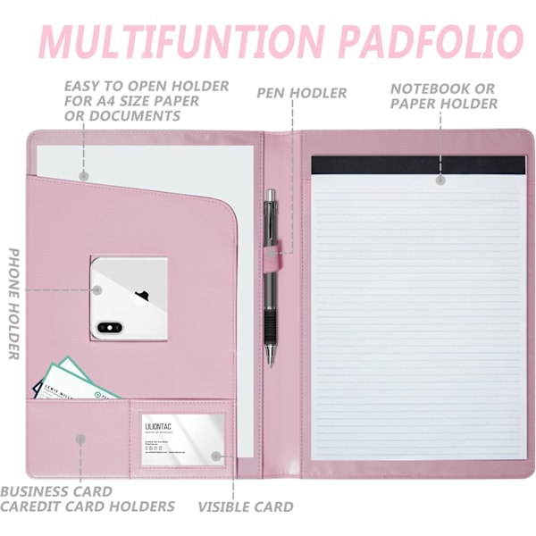 (Rosa) Lærmappe Portefølje Padfolio, Forretnings Padfolio Organizer Dokument Planlegger Portefølje Binder Oppbevaringslomme fo