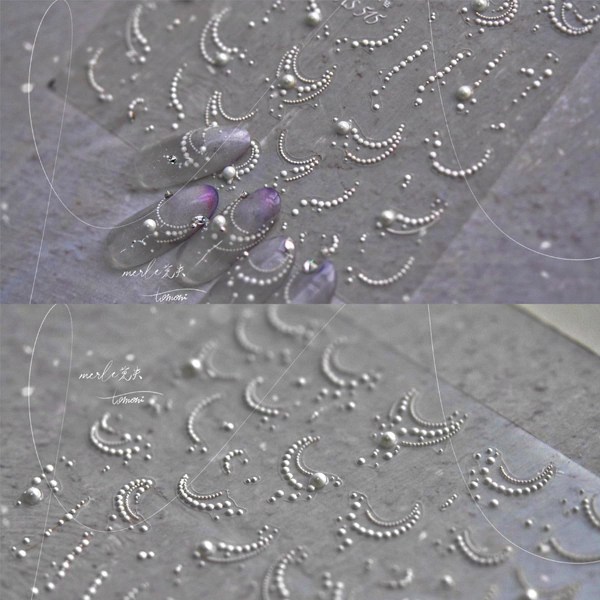 Vita franska tippar Nageldekaler 5D Präglade Pärlor Nageldekaler Romantisk Fransk Linje Nageldekaler Vita Pärlor Berlocker Design Nagelmaterial för Kvinnor