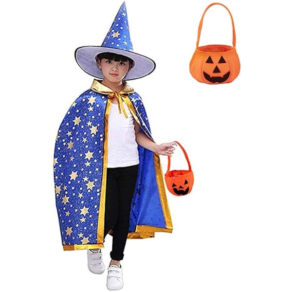 1 stk trollmannkappe heksekappe med hatt og gresskarpose, Halloween-kostyme rekvisitter for barn rolle Blue
