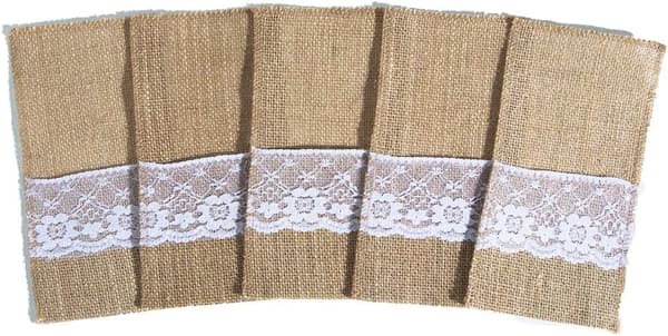 20 stk. Bordservietter i Burlap med Blonder til Bestikk