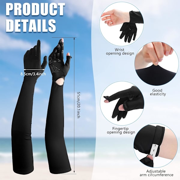 2 Par Dame Anti-UV Lange Solbeskyttelseshandsker Touch Screen Arm Solbeskyttelse Black and Gray
