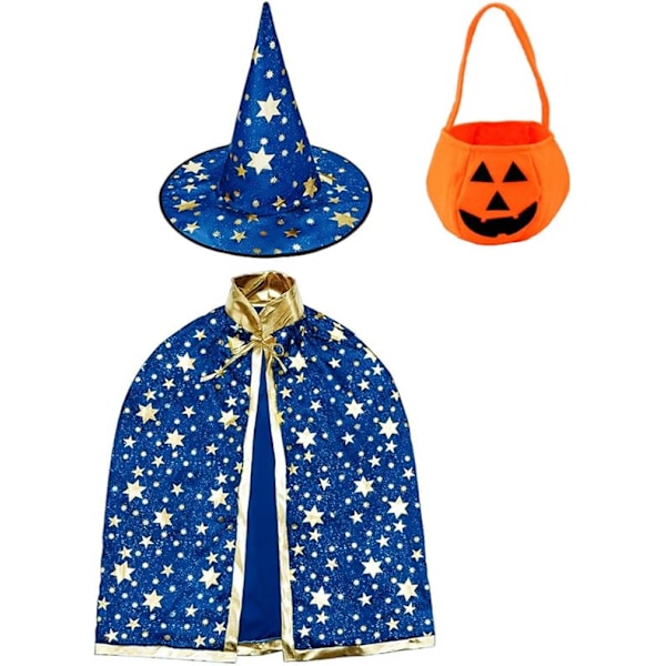 1 kpl velho viitta noita viitta hattu ja kurpitsa laukku, Halloween puku rekvisiitta lapsille rooli Blue