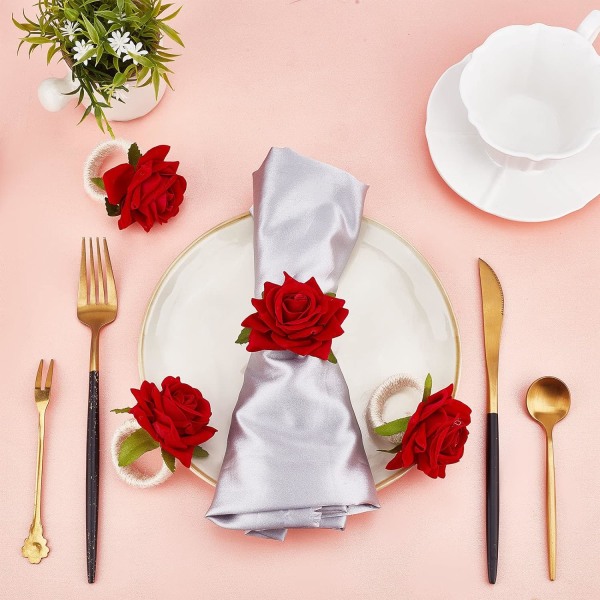 Blomservett Rings Set om 6 Konstgjorda Ros Röda Blomservett Ri