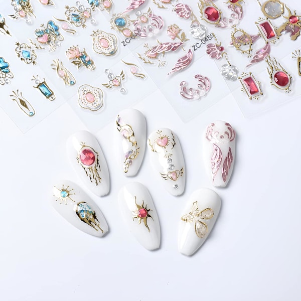 5 ark 5D Bronzing Nail Art Stickers Dekaler, Fishtail Shell Präglade Självhäftande Nagelstickers Ädelsten Blomma Hjärta Sol Guld Metall Design Nagelkonst