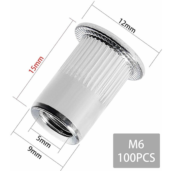 (12mm × 15mm) 100 kpl M6 litteäkantainen kierteitetty niitti, ruostumaton teräs