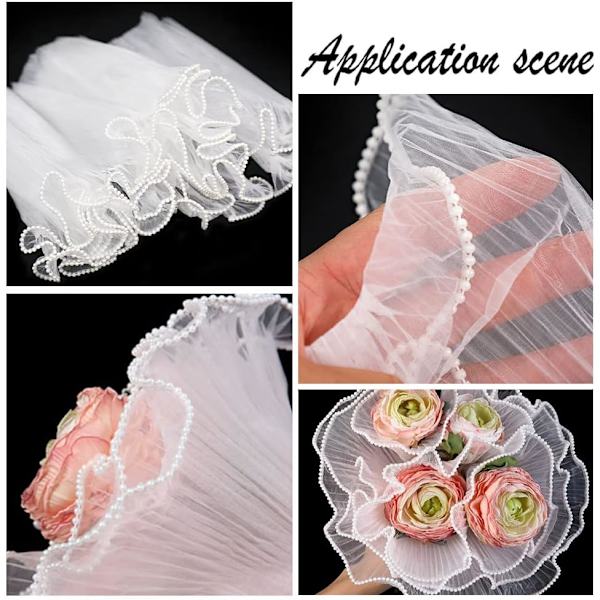 4 Yards Hvid Blomsterindpakningsnetpapir, Perle Kant Buket Emballagepapir Rynket Gennemsigtig til Festgave Dekoration
