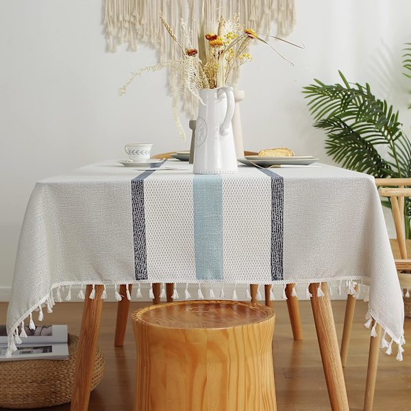 Nappe carrée anti-tache en lin et coton avec pompons et broderie