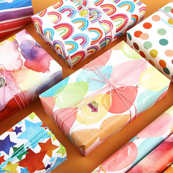 Syntymäpäivälahjapaperi, 6 kappaletta kuvioitua kraftpaperirullaa, 50