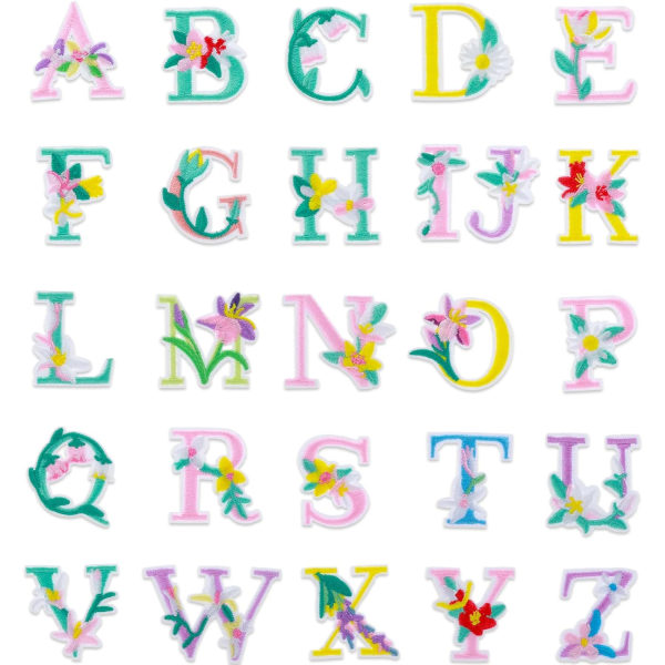 52 stykker Iron-on alfabetlapper A-Z Blomsterbrodert alfabet