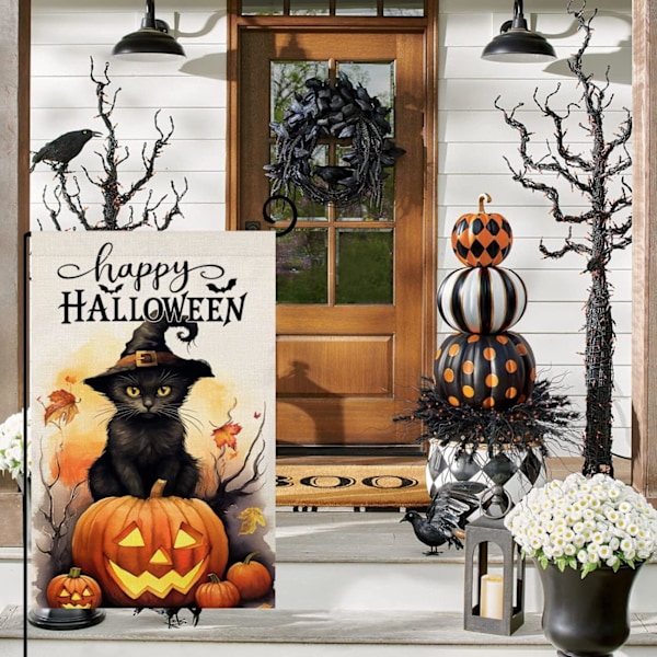 Halloween Katt Hageflagg 12x18 Vertikal Dobbeltsidig Glad Halloween Gresskar Ferie Utenfor Dekorasjoner Burlap Yard Fl