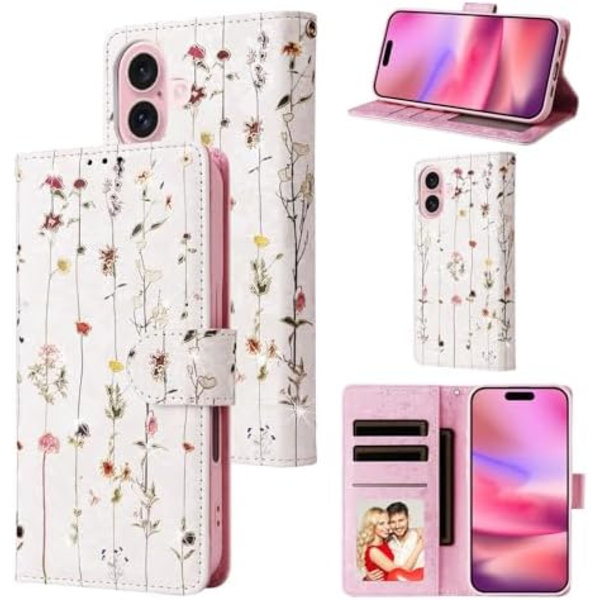 Etui til iPhone 16 Pro Max, PU Læder Telefon Etui Kickstand RFID Blokering Flip Etui Kortlommer Håndledsrem Relief Gravering