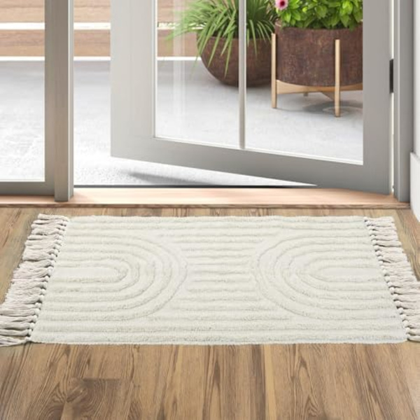 Boho Badeværelsesmåtter 60*90cm, Håndlavet Vaskbar Beige Bademåtte med Kvaster, Bohemian Køkkenløber, Landlig Bomuld