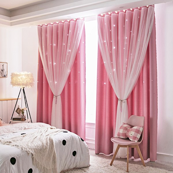 2 pieces of pink curtains for girls bedroom/children's room, moon and star h