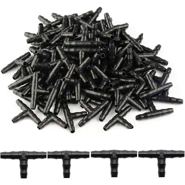 100 st T-rörkoppling 4/7 T-kontakt PVC Vattning Atomiserande Munstycke Dropp Mikro Spray Bevattningsfog för Slang Automatiska System Verktyg