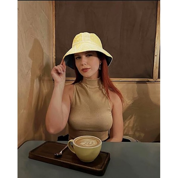 1 bøttehatt Bomulls unisex bøttehatt Cashew blomst utendørshatt Strandhatt Yellow