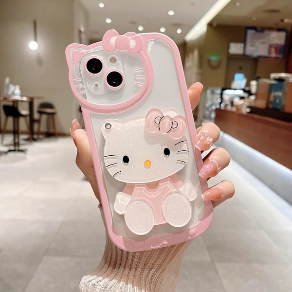 1 stk Søt Tegneseriekatt Etui, 3D Sløyfe Kawaii Ansikt Sminke Speil Kvinner Jenter Barn Myk TPU Klar Beskyttende Telefondeksel Rosa