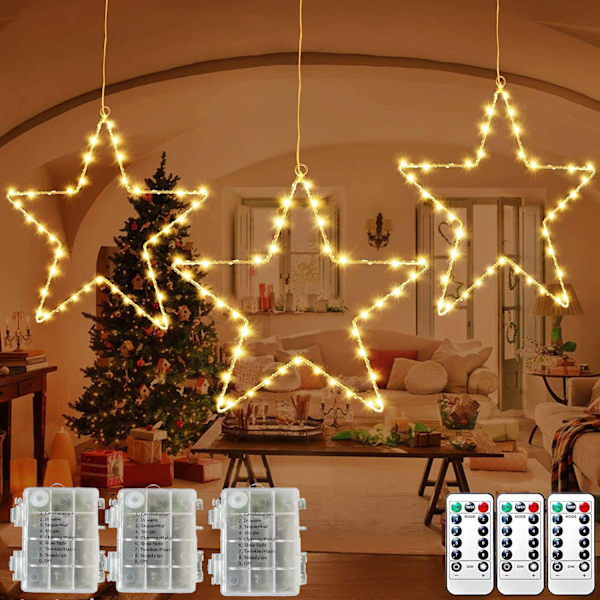 (Varmvit) Julgardinlampor, 3 stjärnor LED-gardinlampor Fönsterstränglampor 8 lägen LED-gardinlampor Jul