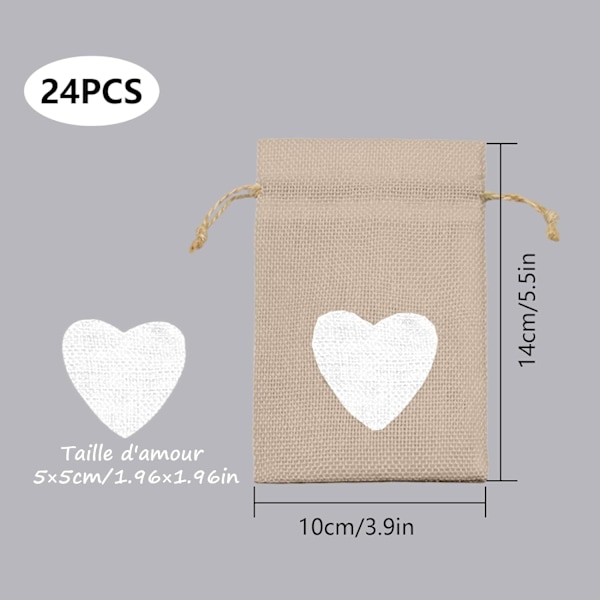 (Mörk Khaki) 24 st hjärtmönstrade säckvävspåsar 10 * 14 cm