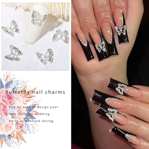 12 st 3D Legering Fjärils Nagelkonst Charm Silver Fjärilar Nageldekoration Med Ädelstenar och Strass för Nagelkristaller