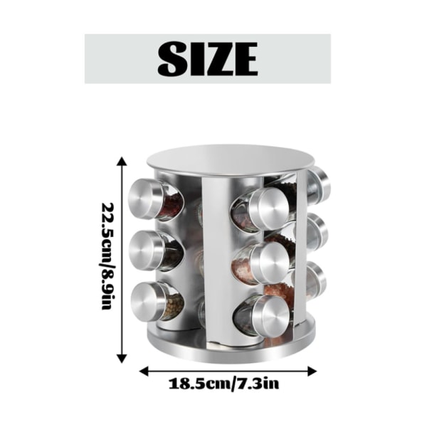 Roterende krydderhylle i rustfritt stål for 12 tomme krydderglass med