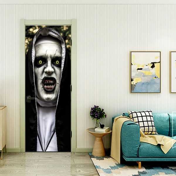 Halloween 3D Nun Ovenoviitat, 77x200cm Realistinen Pelottava Ghost Nun Ovenoviitat Tarra Hallow