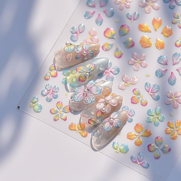 Blomster Nagelstickers för Nagelkonst, 5D Präglade Nageldekaler Sommar Blommor Nagelmaterial Självhäftande Nageldesign Stickers Färgglada Blommor Nagelkonst