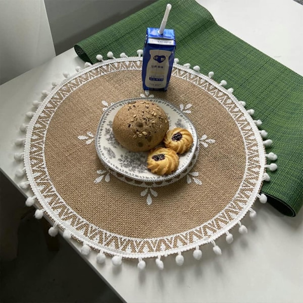 Pyöreät juuttipöytätabletit, 4 kpl, kotiin, ravintolaan, retrohenkiseen sisustukseen, valkoisilla puuvillatupsuilla, 38 cm