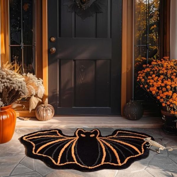 Happy Halloween Matta Svart Batformad Area Matta, Mjuk Tuftad Matta för Entré Vardagsrum Sovrum Badrum, Halksäker Dekorativ