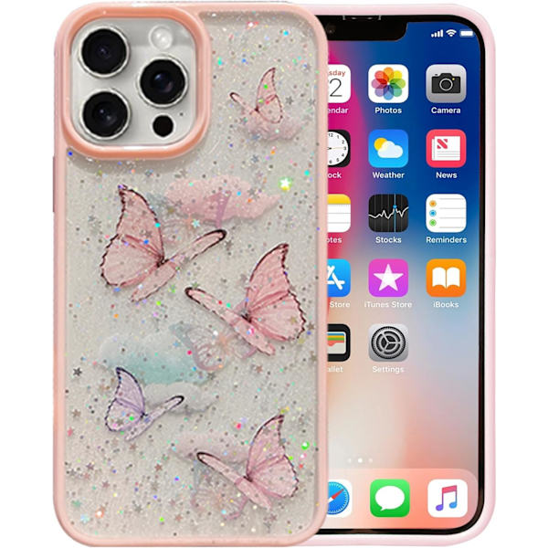 iPhone 16 Pro Max 6,9\" Skal Söt Glitter Bling Glittrande Fjäril Telefonfodral för Kvinnor Lins Skydd Stötsäker Skydd